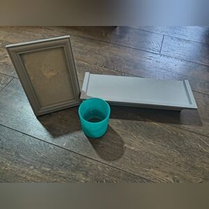 Gray Picture Frame Shelf Teal Candle Cup Holder 3pc Set Decor